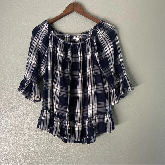 Plaid Tartan Blouse Off the Shoulder Size Medium Fall Spring BEACHLUNCHLOUNGE - Picture 8 of 11